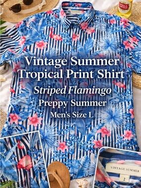 Vintage Summer Men’s Tropical Flamingo Button-Up Shirt Size Largw